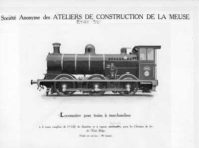 <b>Locomotive pour trains à marchandises</b><br>à 6 roues couplées de 1m520 de diamètre et à vapeur surchauffée<br>pour les Chemins de fer de l'Etat Belge